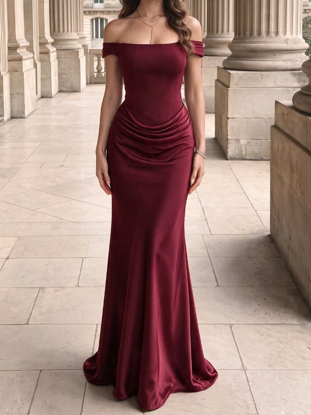 Burgundy Elegant Women's Off-the-Shoulder Slim-Fit Mermaid Bodycon Dress - Picture 4 of 6